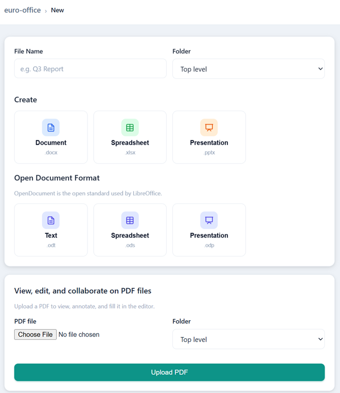 Creating a new document in Euro-Office — document, spreadsheet, presentation, and PDF options in the browser