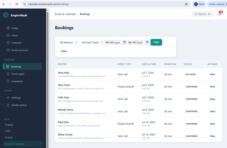 EmpireVault public booking page and team calendar with scheduled bookings