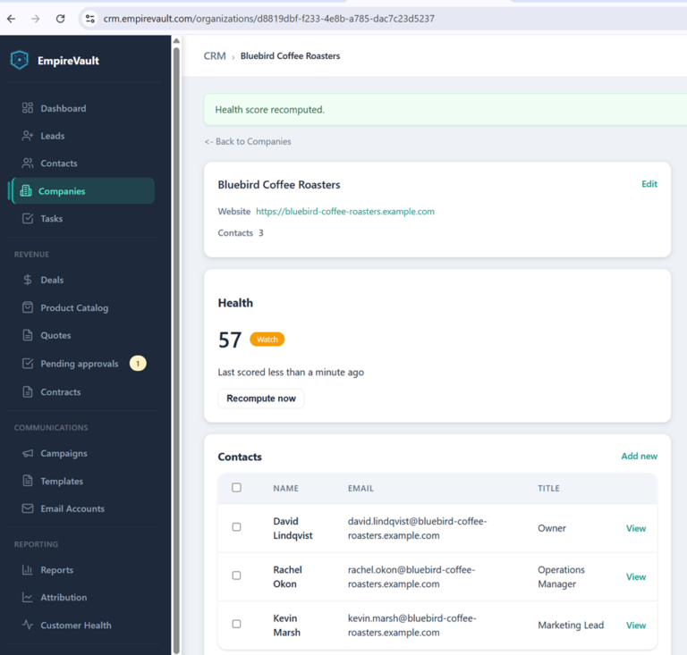 EmpireVault company profile page with health score, custom fields, tags, and activity timeline