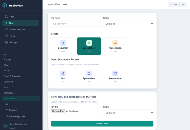 EmpireVault Euro-Office new file screen with document, spreadsheet, presentation, and PDF options
