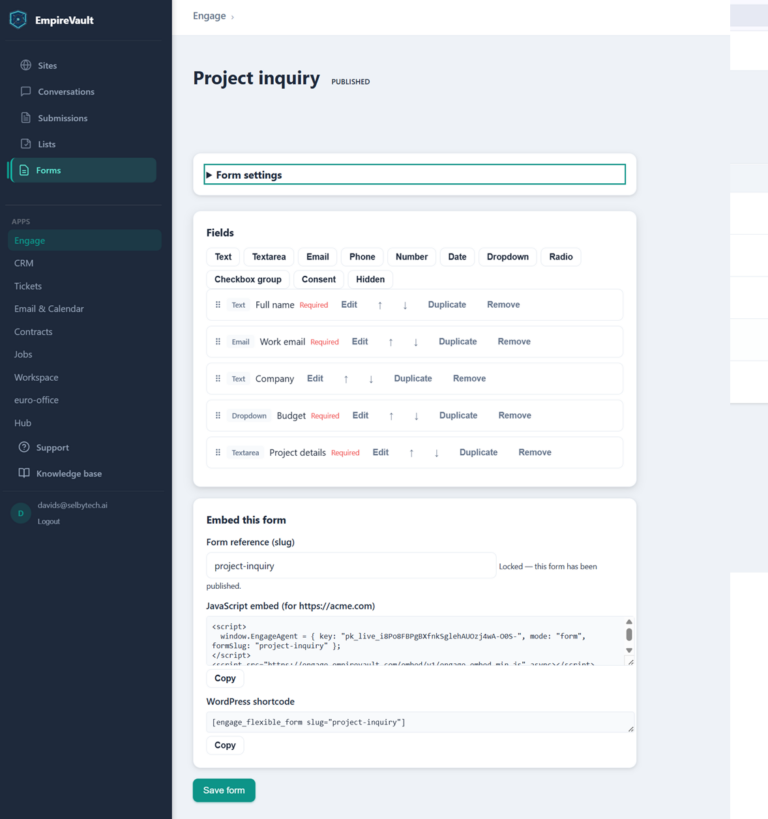 EmpireVault visual form builder editing a project inquiry form