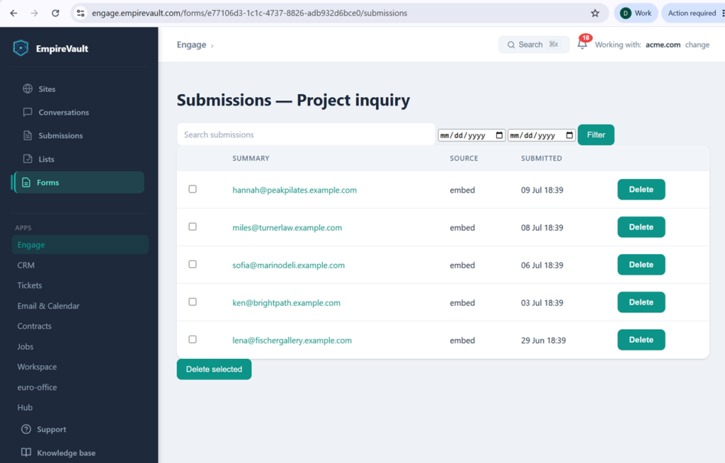 EmpireVault form submissions list with five captured leads
