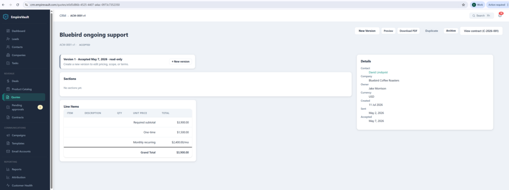 EmpireVault sent quote showing line items, totals, expiry date, and status