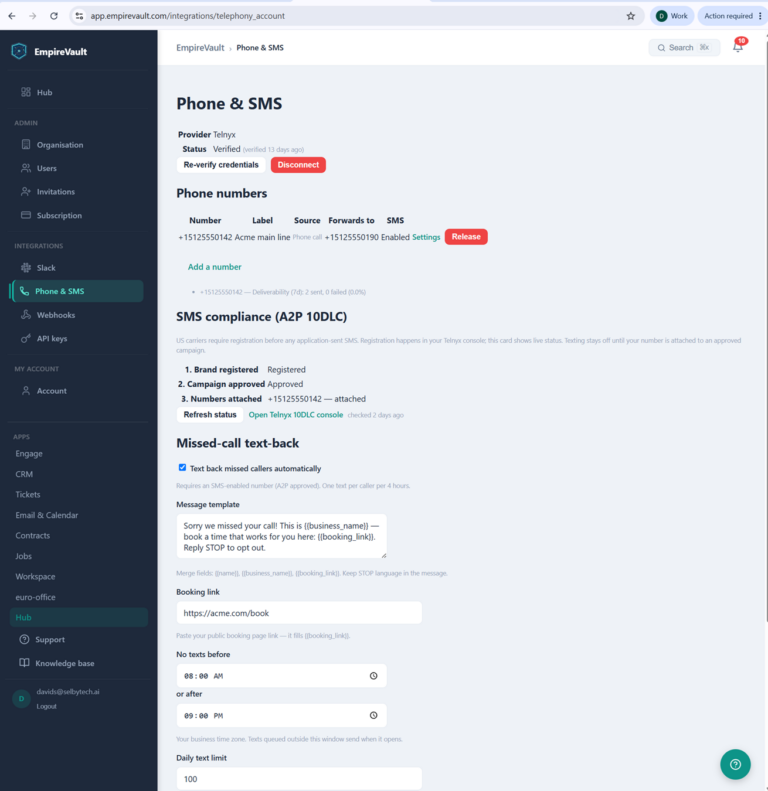 EmpireVault phone and SMS settings with connected provider, business number, and missed-call text-back
