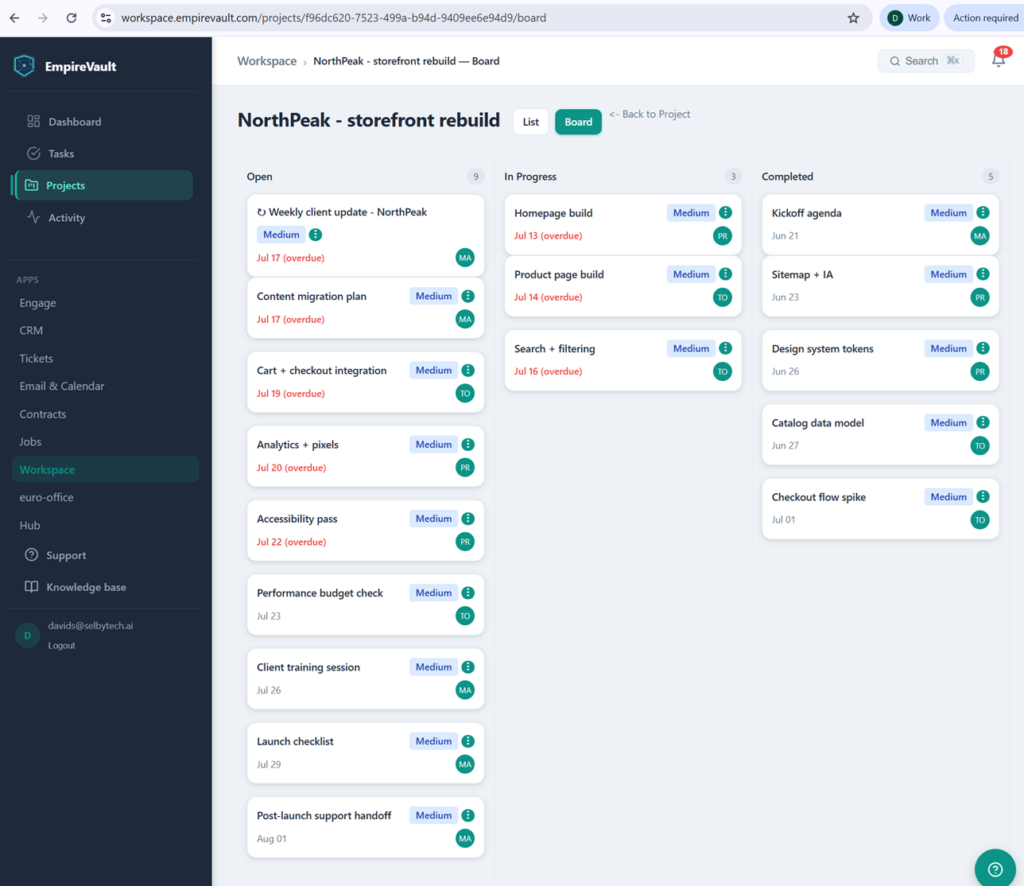 EmpireVault workspace project board with 17 tasks and assignees