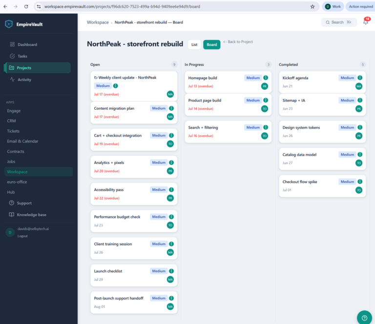 EmpireVault workspace project board with 17 tasks and assignees