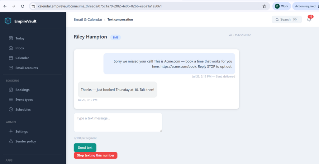 Two-way SMS conversation inside the EmpireVault unified inbox with delivery status