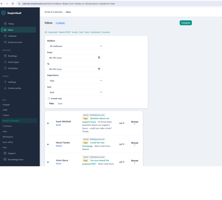 EmpireVault unified team inbox with threaded emails linked to contacts and companies