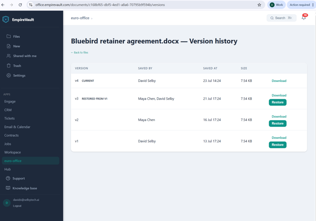 EmpireVault document version history list with restore action