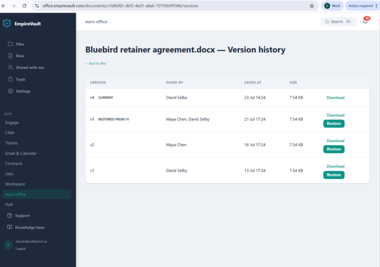 EmpireVault document version history list with restore action