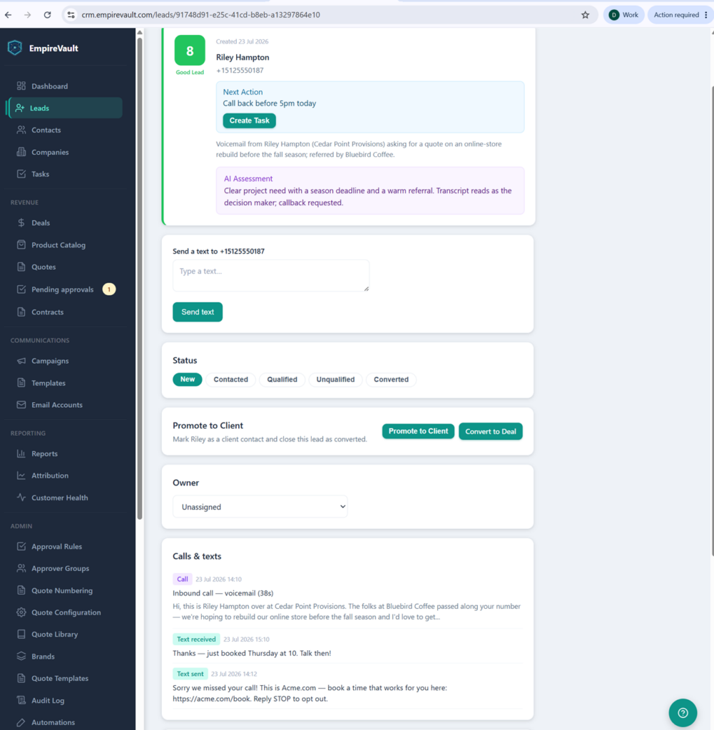 EmpireVault lead created from a voicemail with transcript and AI score