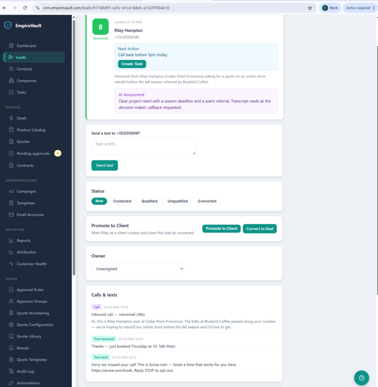 EmpireVault lead created from a voicemail with transcript and AI score