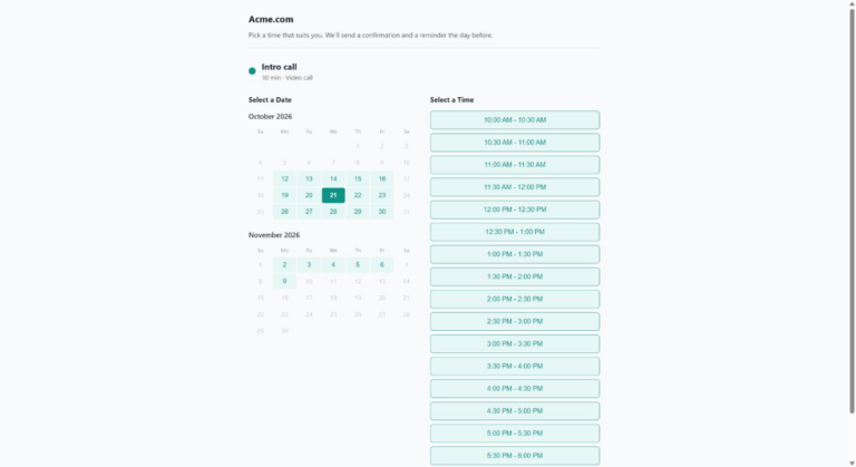 A public EmpireVault booking page for a 30-minute intro call with a date picker and a column of half-hour time slots