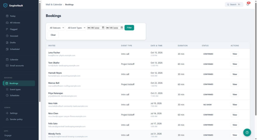 The Bookings list in EmpireVault with invitee, event type, date and time, duration and status for each booking, filterable by status and date