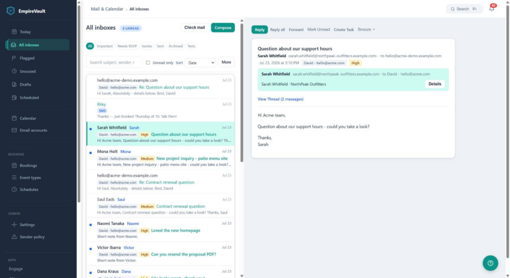 The EmpireVault inbox with All inboxes selected: a message list on the left with importance labels and an SMS thread, and an open email on the right with Reply, Reply all, Forward, Create Task and Snooze actions