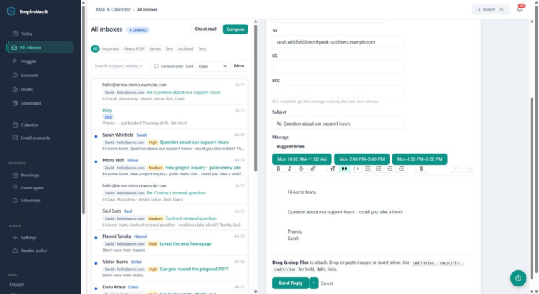 Replying to an email in EmpireVault with To, CC and BCC fields and three suggested meeting times from the calendar shown as buttons above the message