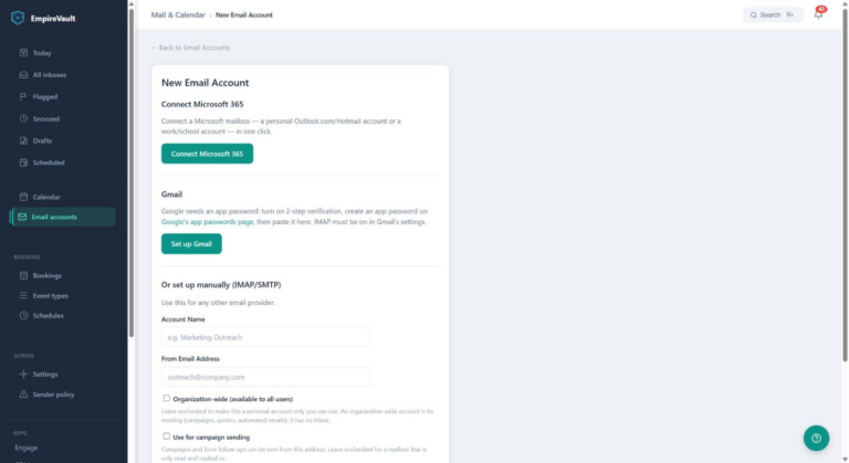 The New Email Account page with a Connect Microsoft 365 button, a Set up Gmail button and a manual IMAP/SMTP form